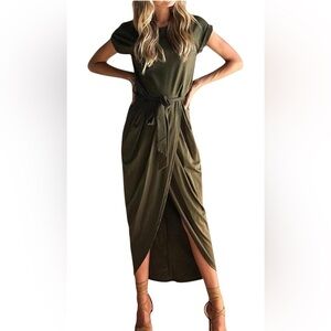 NWT Olive Green Midi Wrap Dress Size Medium | Chic‎ Boho Casual Capsule
